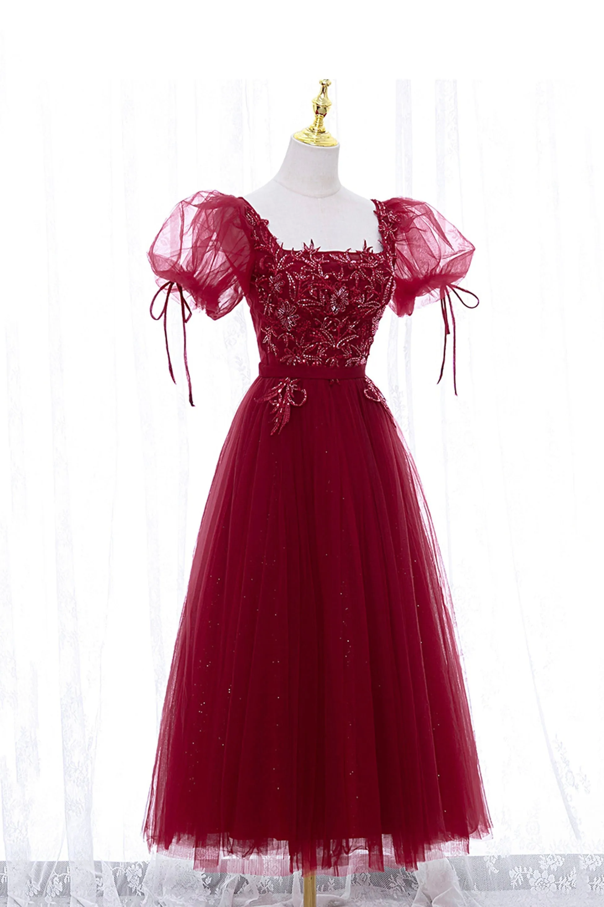 Burgundy Short Sleeve Tulle Tea Length Prom Dress A-Line Party Dress