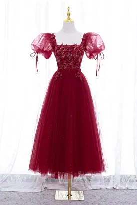 Burgundy Short Sleeve Tulle Tea Length Prom Dress A-Line Party Dress