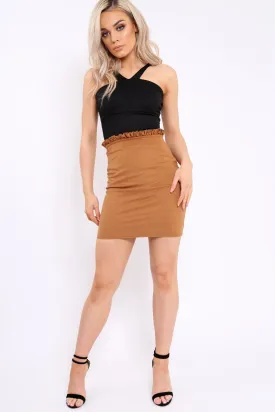 Camel Suedette Ruffle Hem Mini Skirt - Abagail