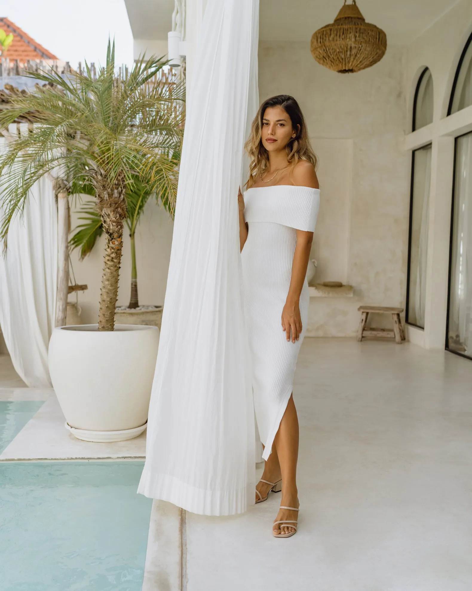 Cecelia White Off Shoulder Knit Midi Dress