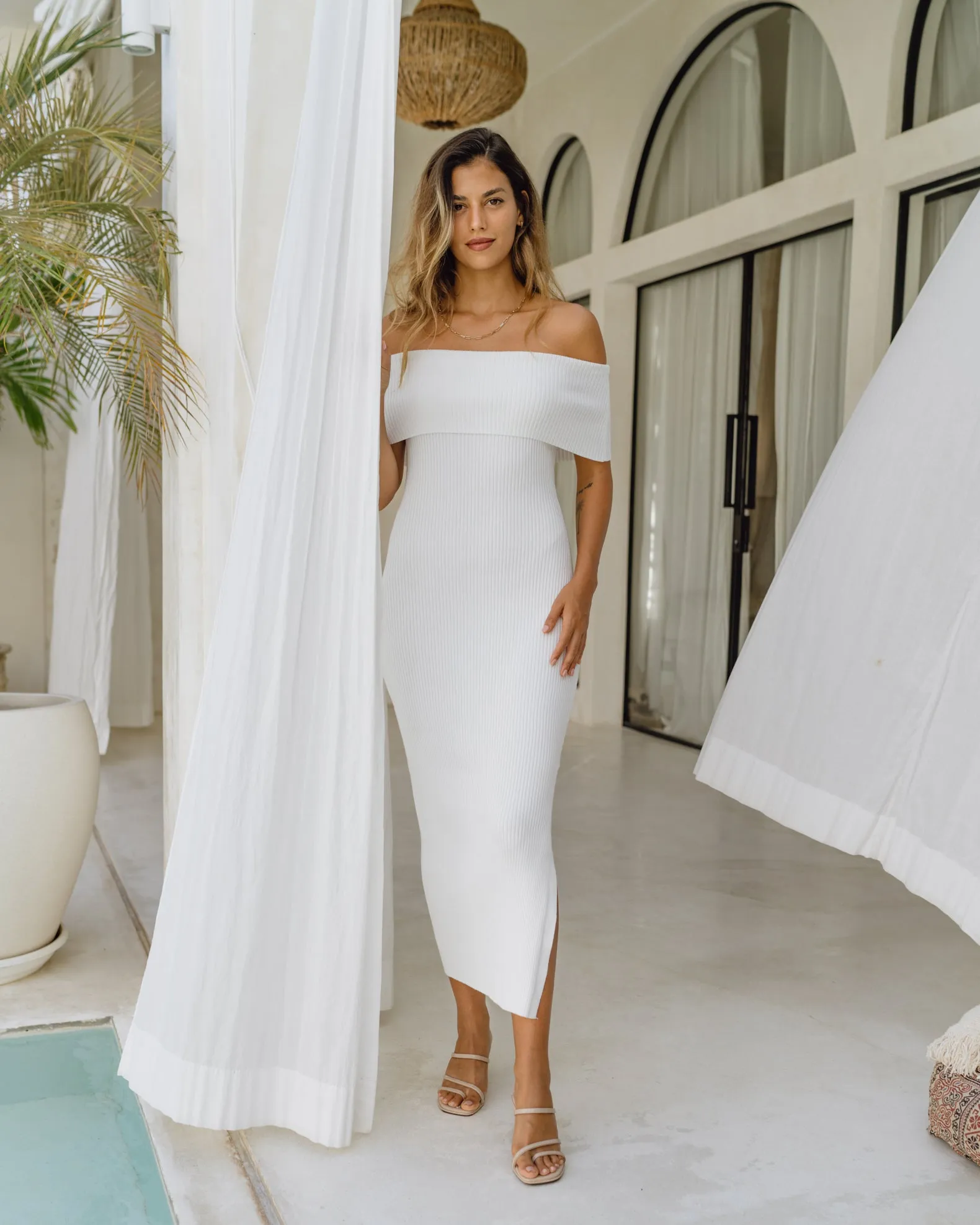 Cecelia White Off Shoulder Knit Midi Dress