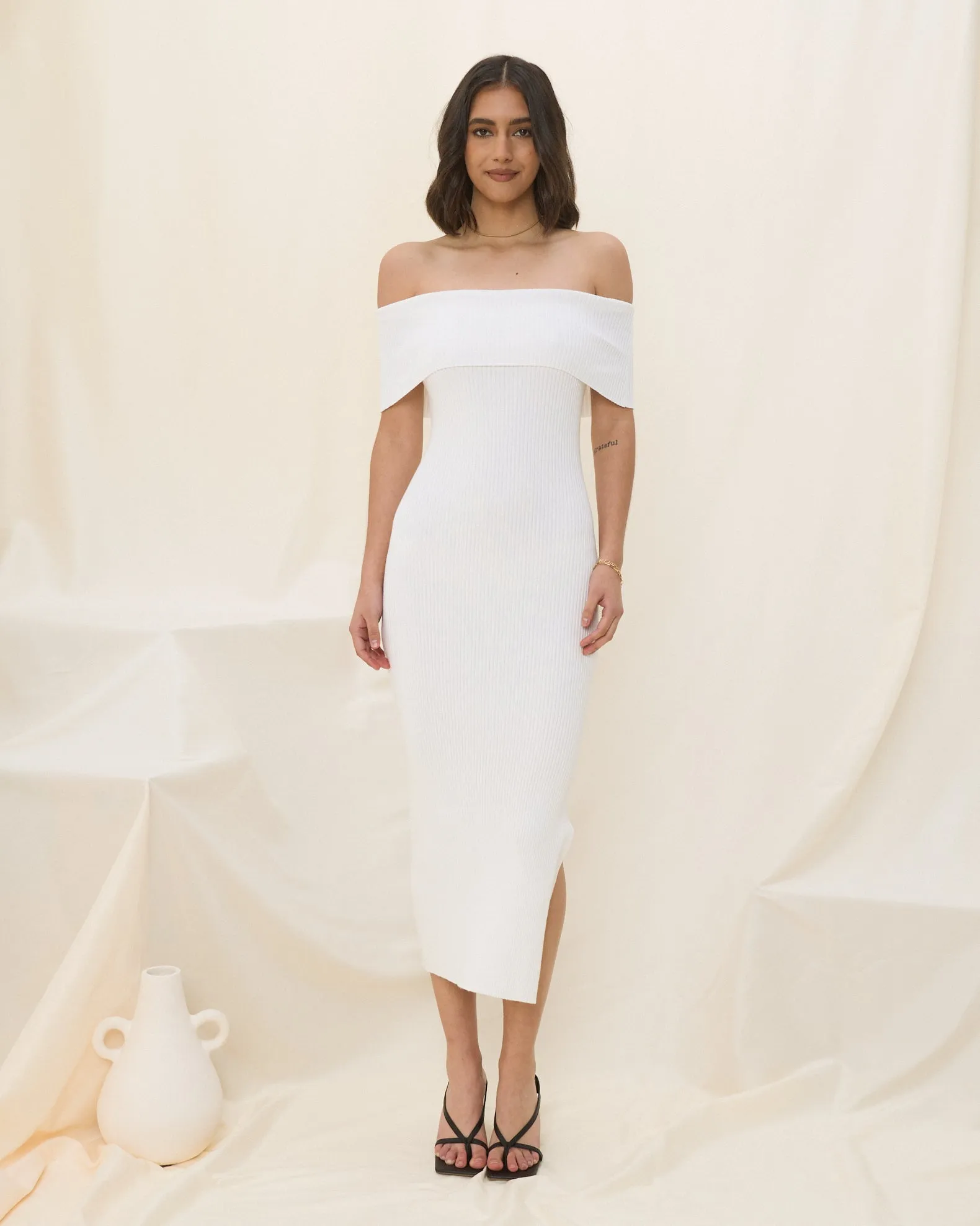 Cecelia White Off Shoulder Knit Midi Dress