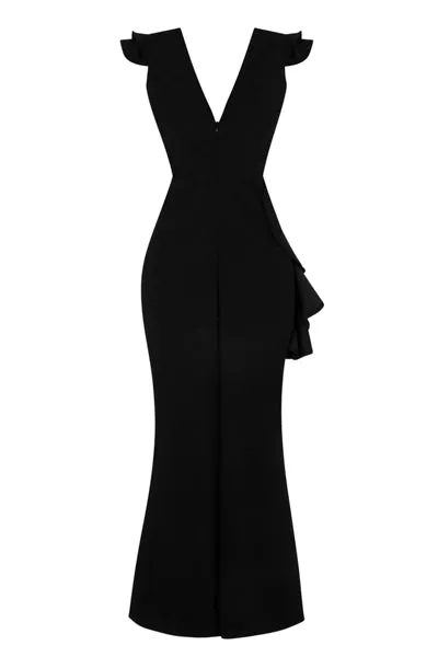 Chanel Black V Plunge Peplum Frill Ruffle Slinky Mermaid Maxi Dress