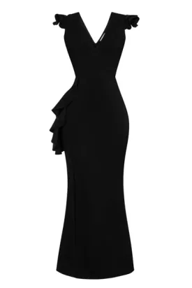 Chanel Black V Plunge Peplum Frill Ruffle Slinky Mermaid Maxi Dress