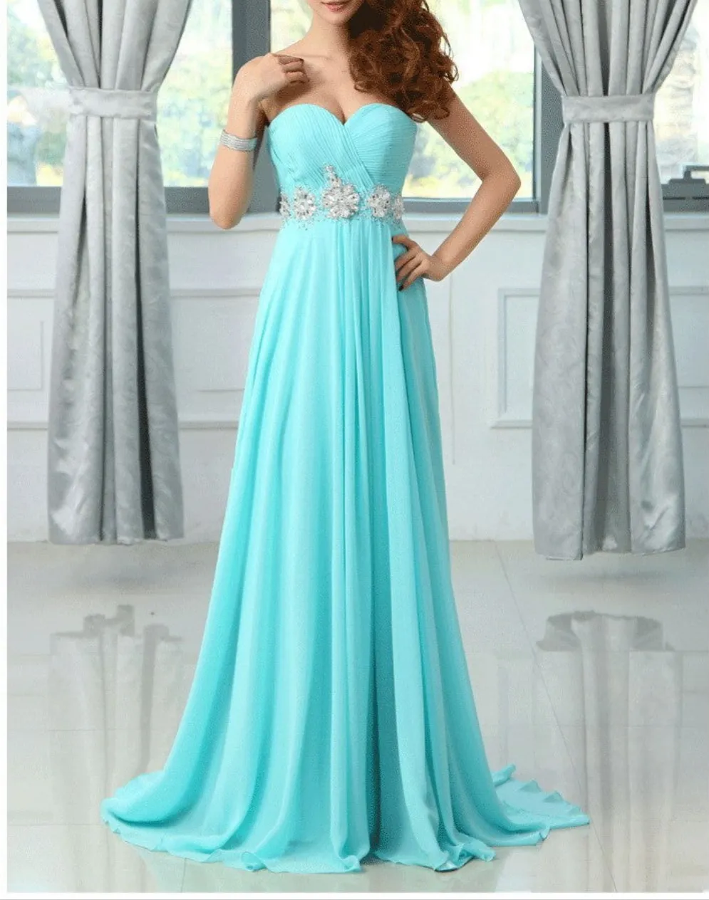 Chiffon turquoise colored  bridesmaid dress at Bling Brides Bouquet