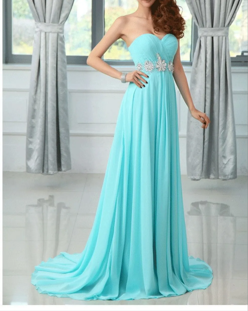 Chiffon turquoise colored  bridesmaid dress at Bling Brides Bouquet