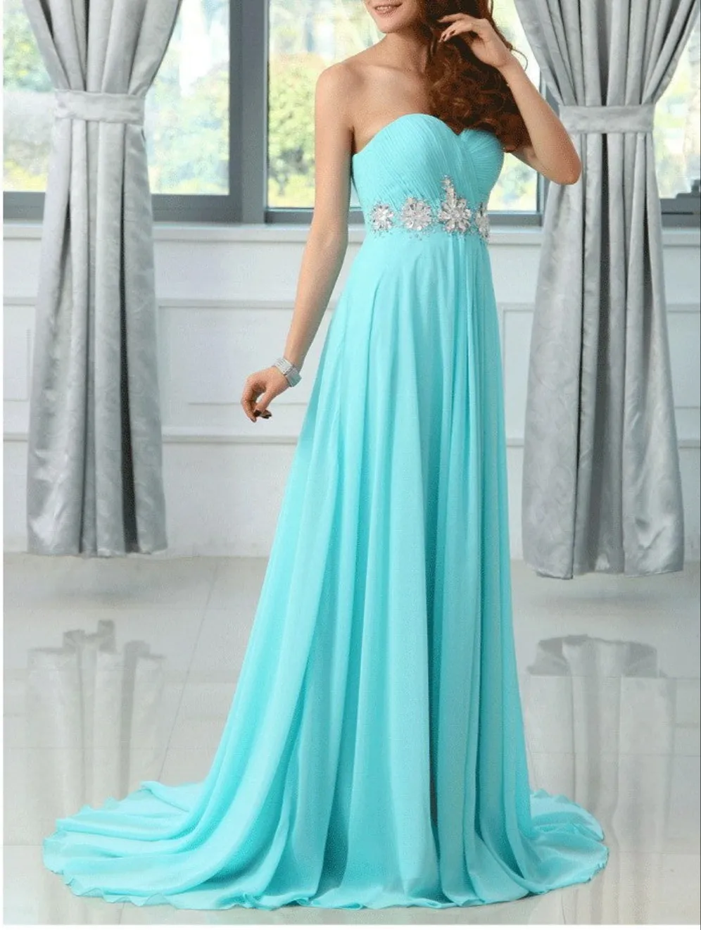 Chiffon turquoise colored  bridesmaid dress at Bling Brides Bouquet