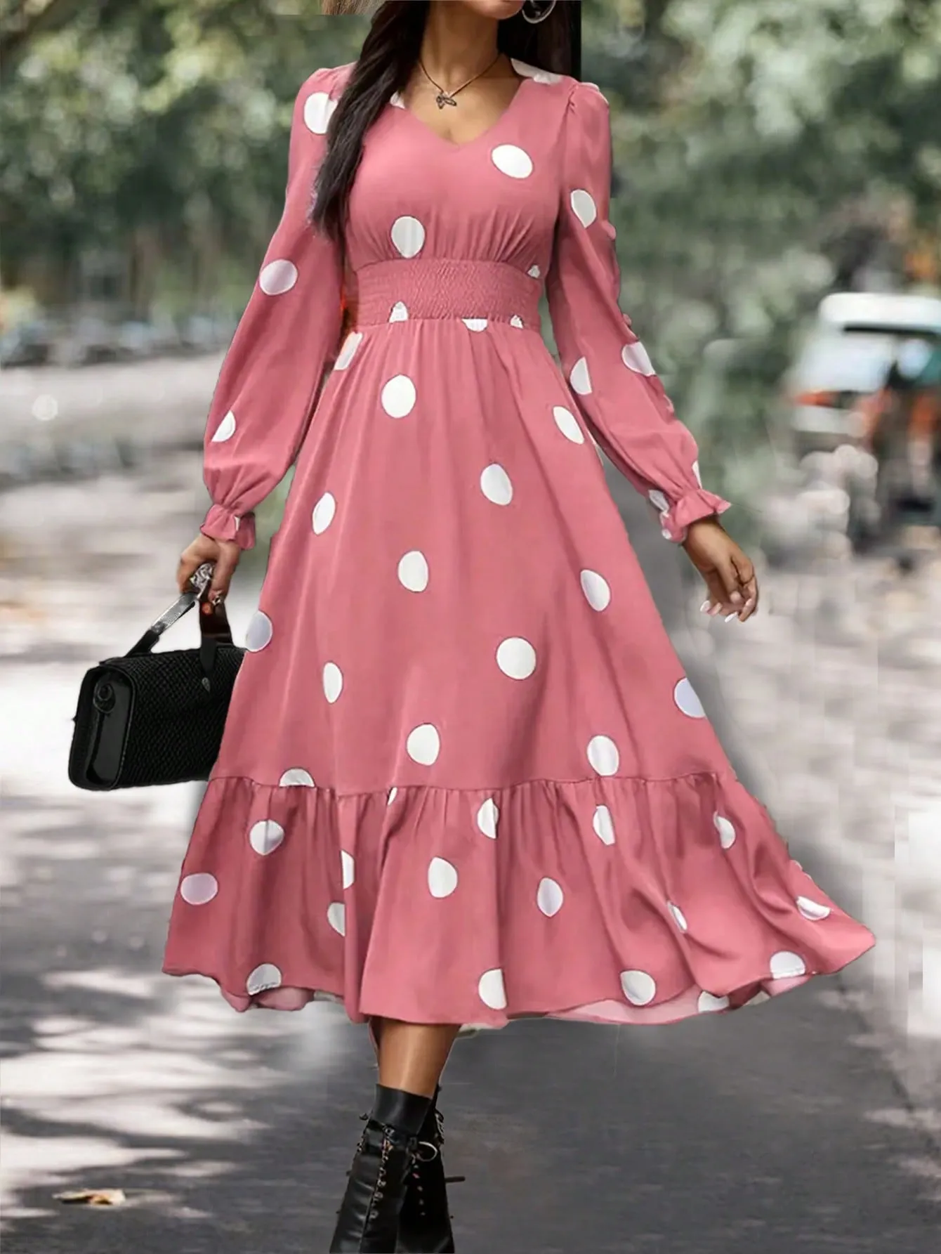 Clasi Women Polka Dot Bubble Sleeve Dress With Ruffle Hem