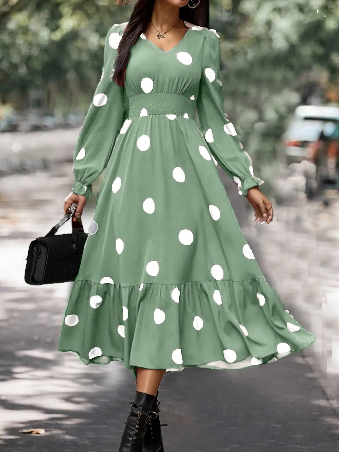 Clasi Women Polka Dot Bubble Sleeve Dress With Ruffle Hem