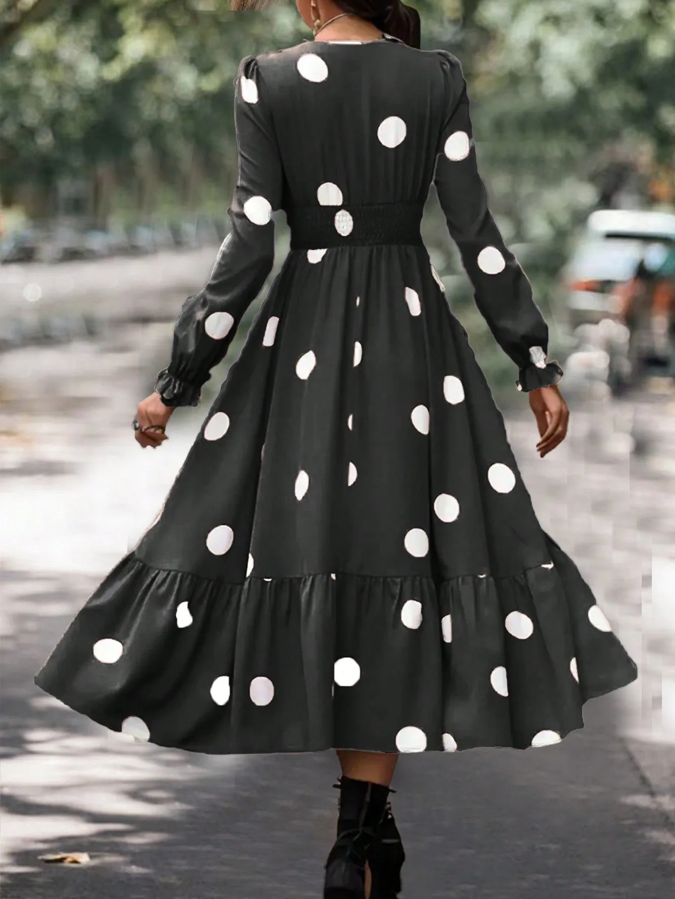 Clasi Women Polka Dot Bubble Sleeve Dress With Ruffle Hem