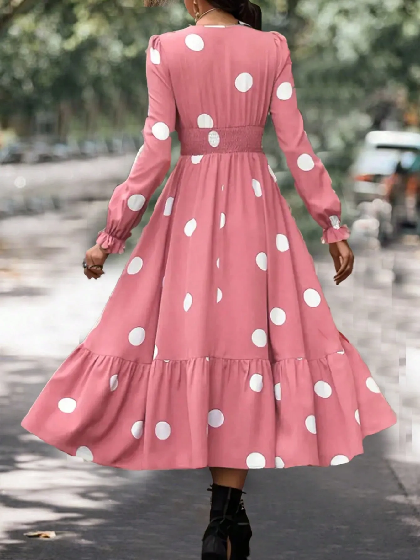 Clasi Women Polka Dot Bubble Sleeve Dress With Ruffle Hem