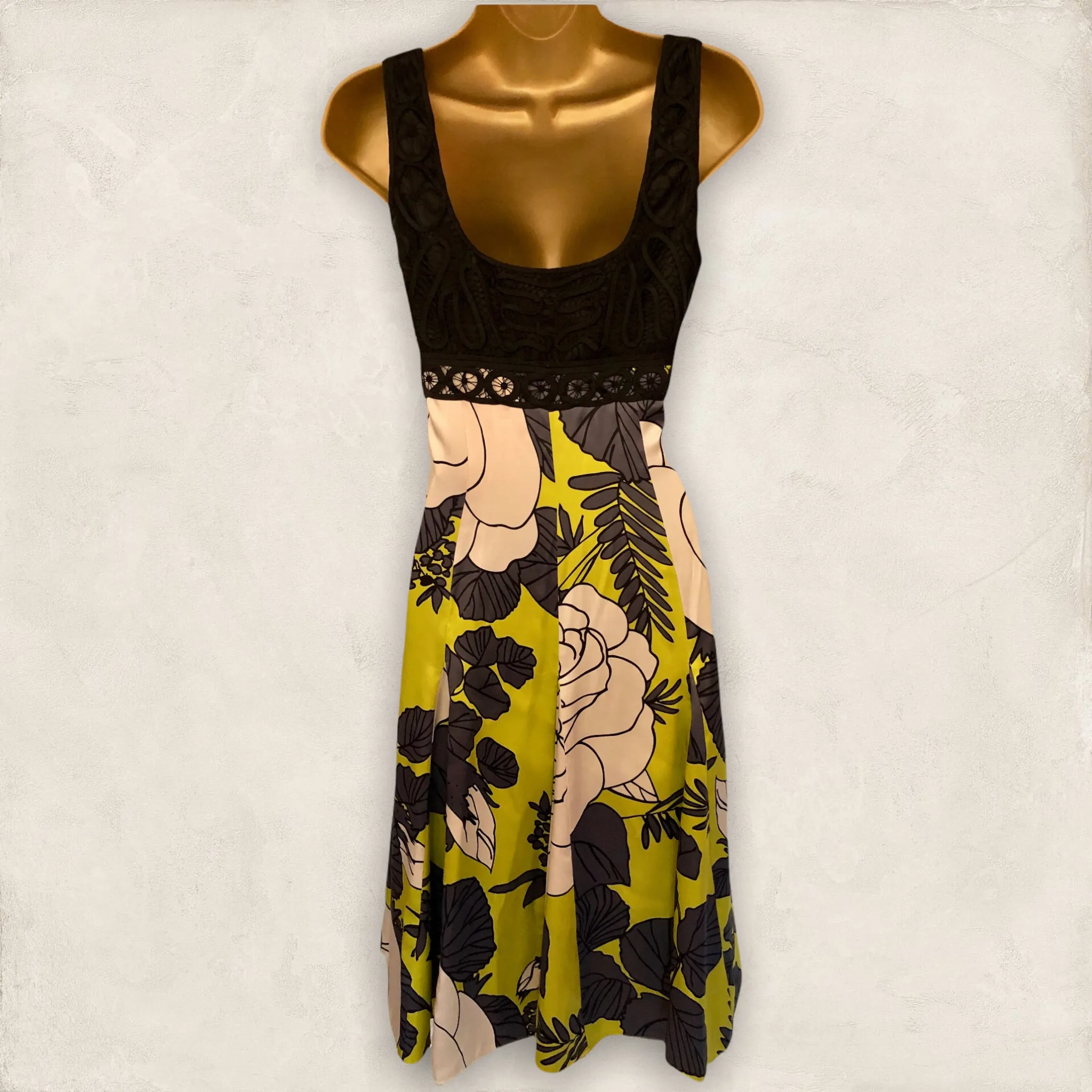 Coast Black & Lime Green Print Sleeveless Silk Dress Party  UK 8 US 4 EU 36