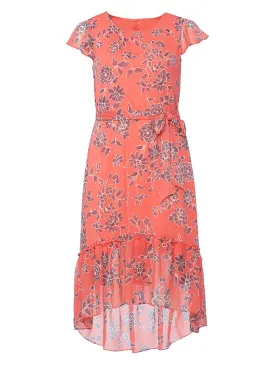 Coral Floral Tie Detail Midi Dress