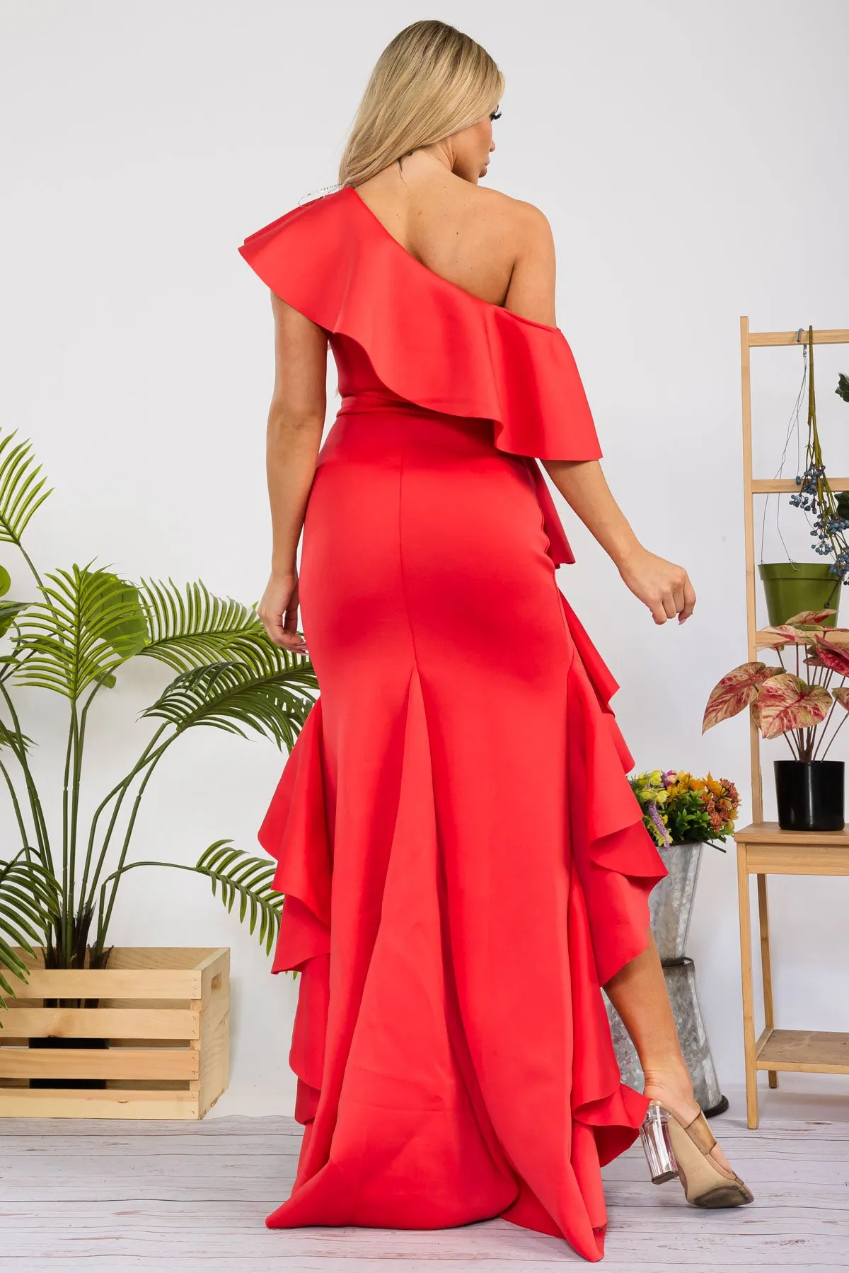 D8437 - ONE SHOULDER RUFFLE HI-LO DRESS