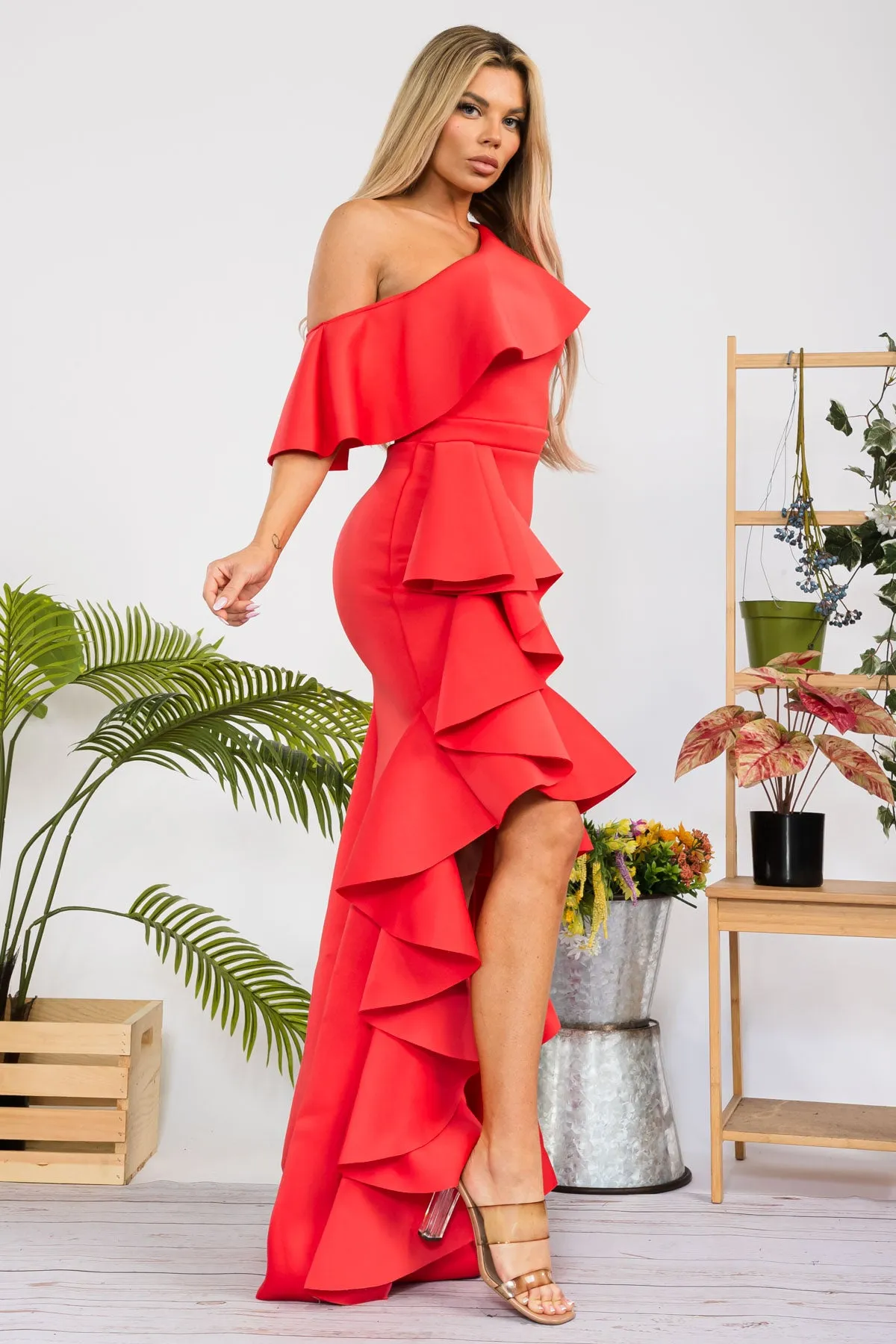 D8437 - ONE SHOULDER RUFFLE HI-LO DRESS