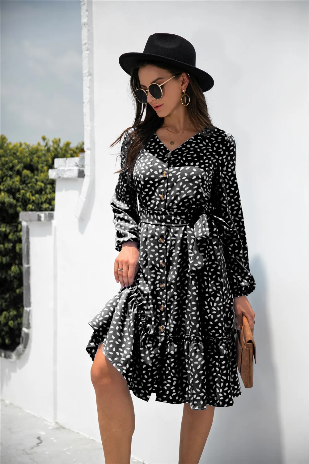 Dot Print Button Ruffle Tunic Dress