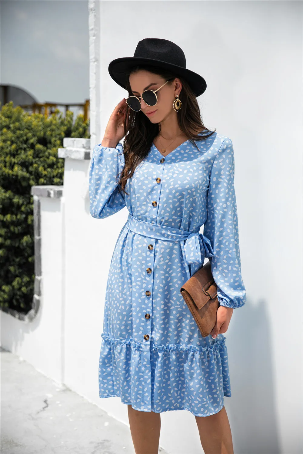 Dot Print Button Ruffle Tunic Dress