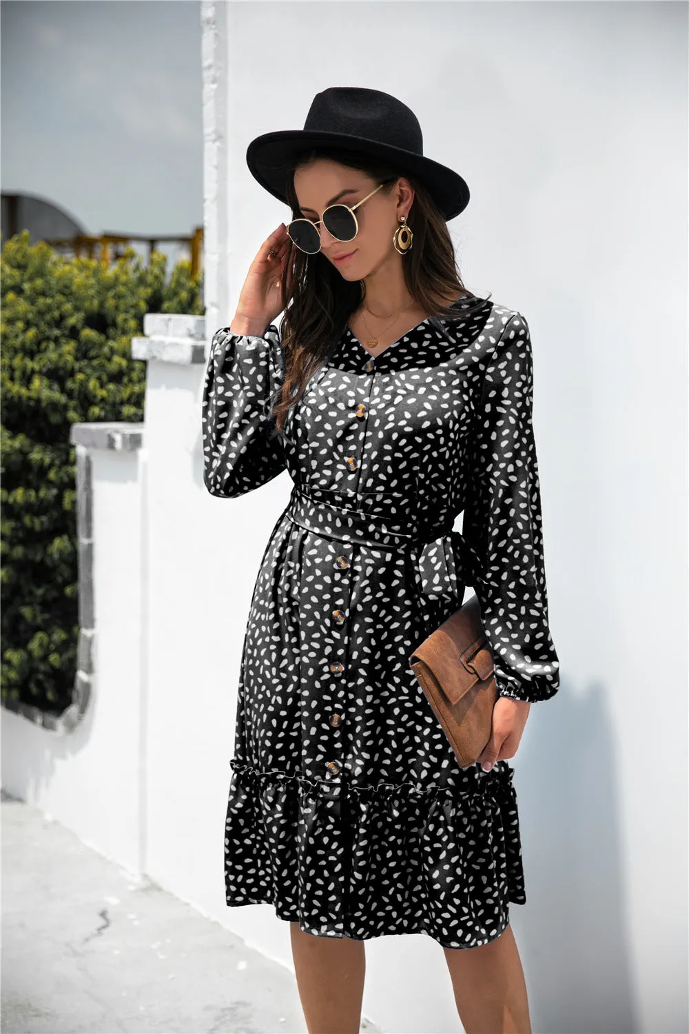 Dot Print Button Ruffle Tunic Dress