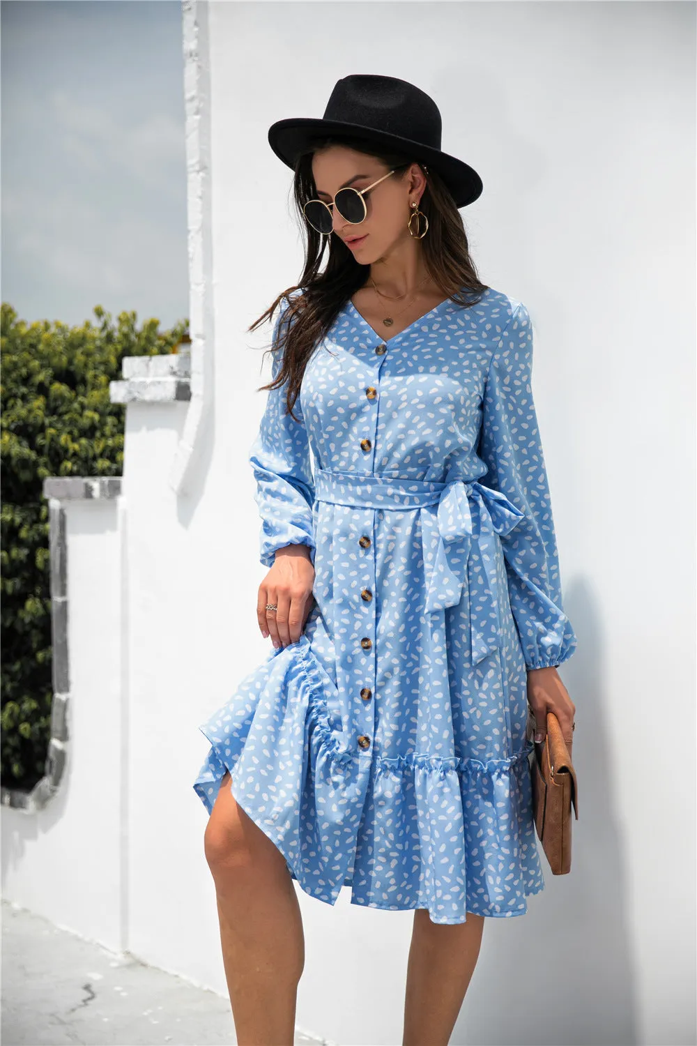 Dot Print Button Ruffle Tunic Dress