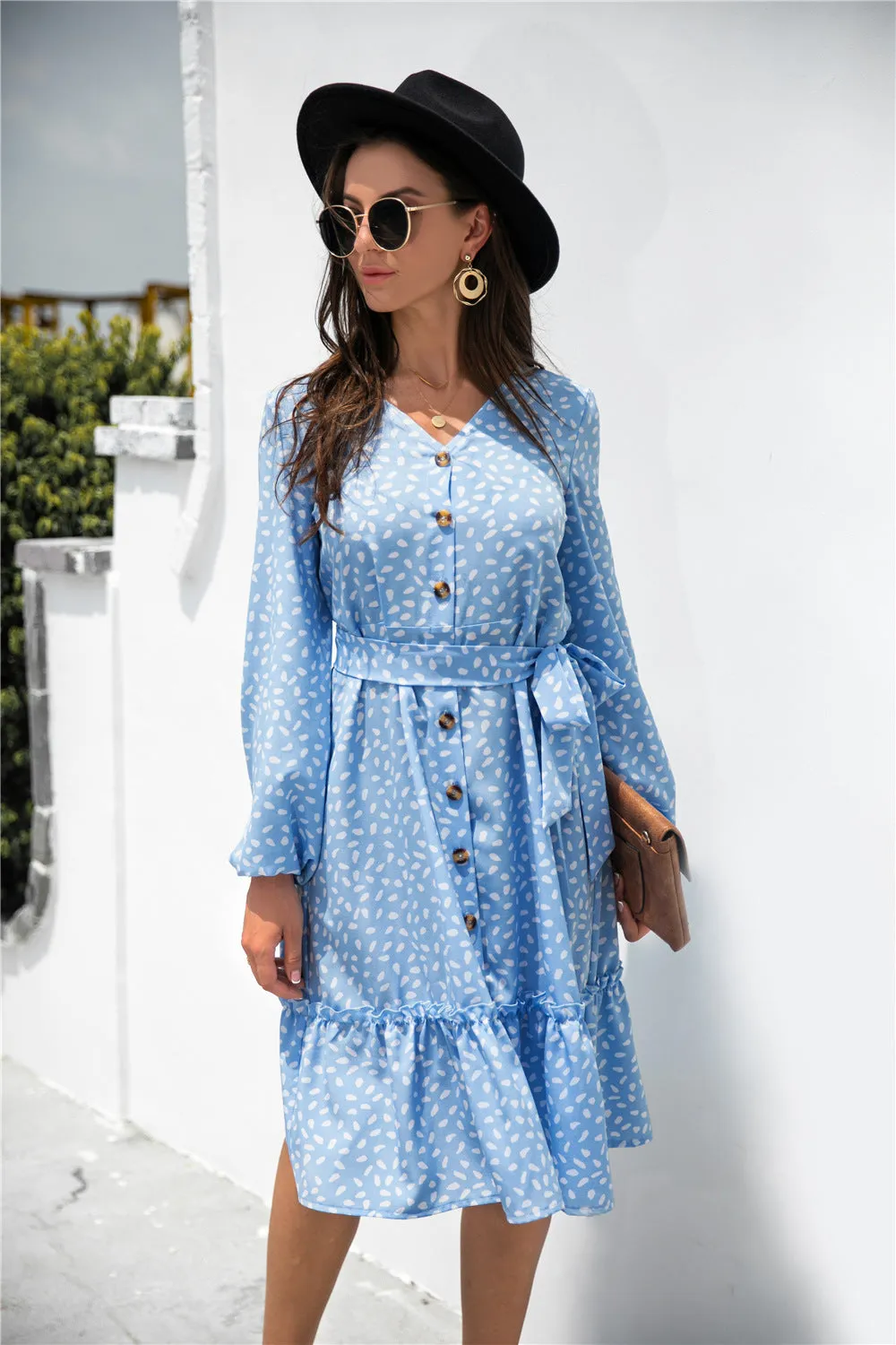 Dot Print Button Ruffle Tunic Dress