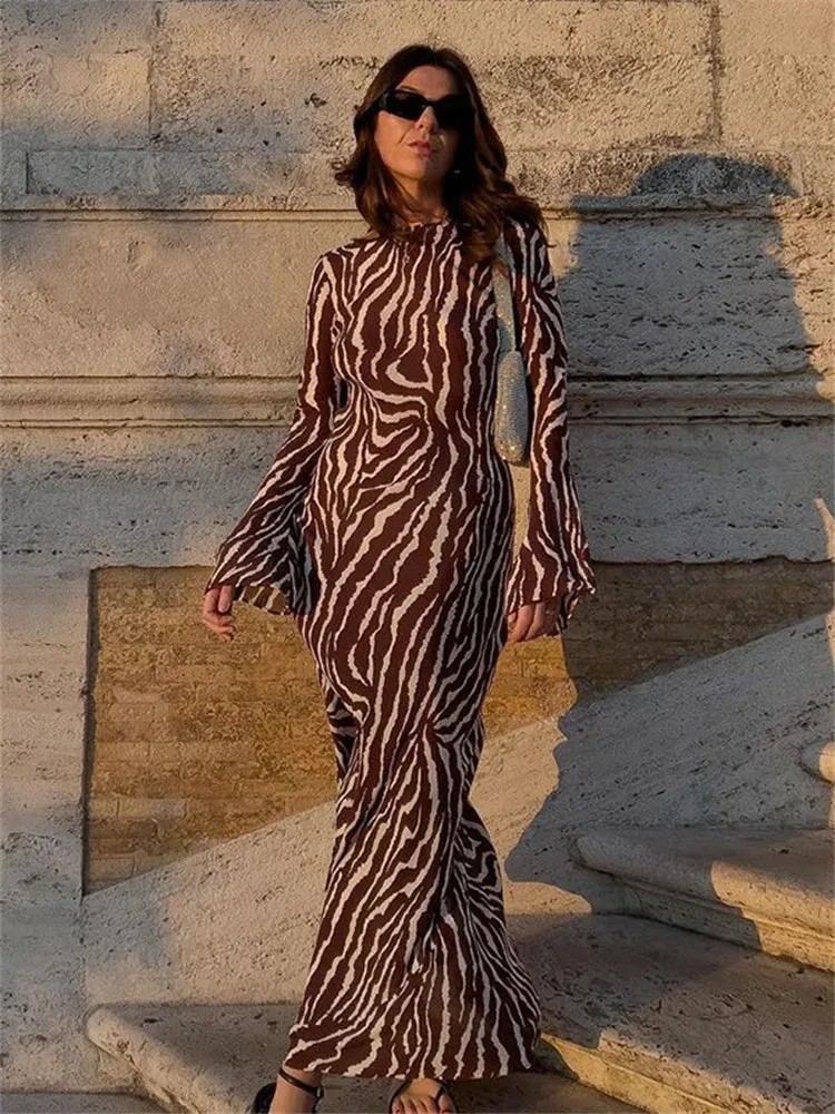 DressBetty - Autumn Sexy Long Sleeve Zebra Print Bodycon Maxi Dress