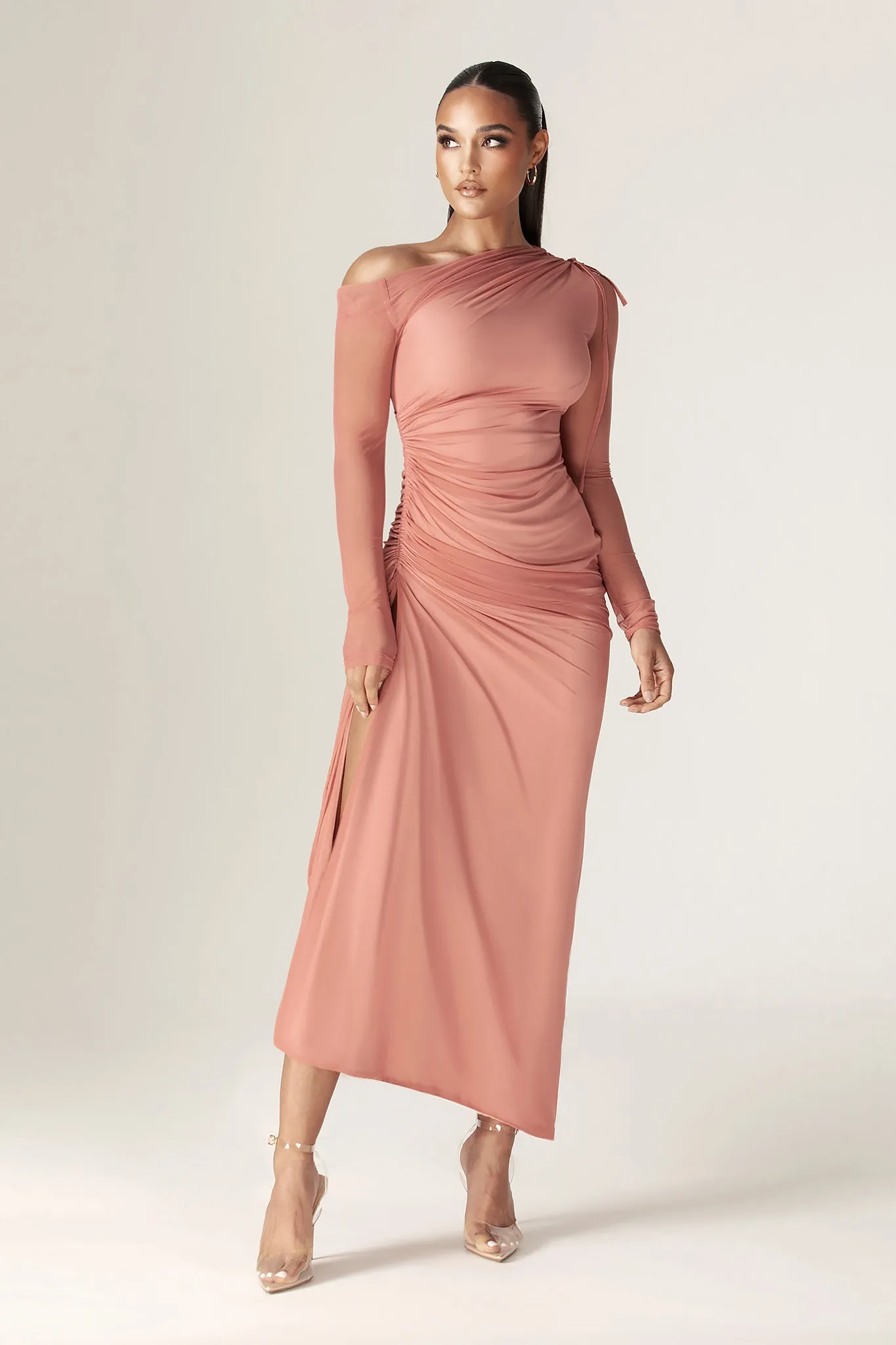 Dua Organza Ruched Mesh Long Sleeve Cut Out Maxi Dress (Rose)