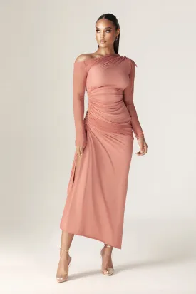 Dua Organza Ruched Mesh Long Sleeve Cut Out Maxi Dress (Rose)