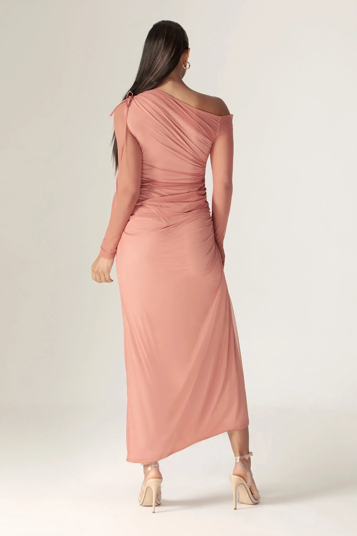 Dua Organza Ruched Mesh Long Sleeve Cut Out Maxi Dress (Rose)