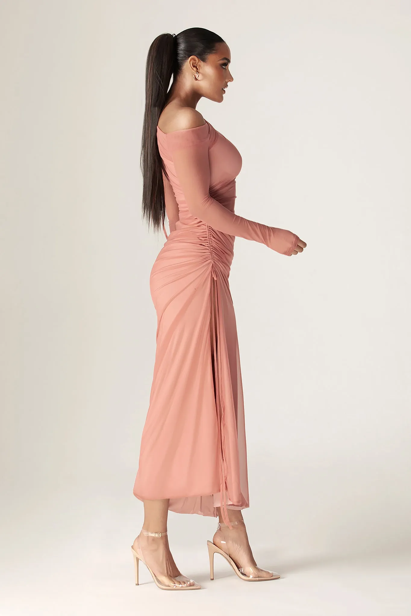 Dua Organza Ruched Mesh Long Sleeve Cut Out Maxi Dress (Rose)