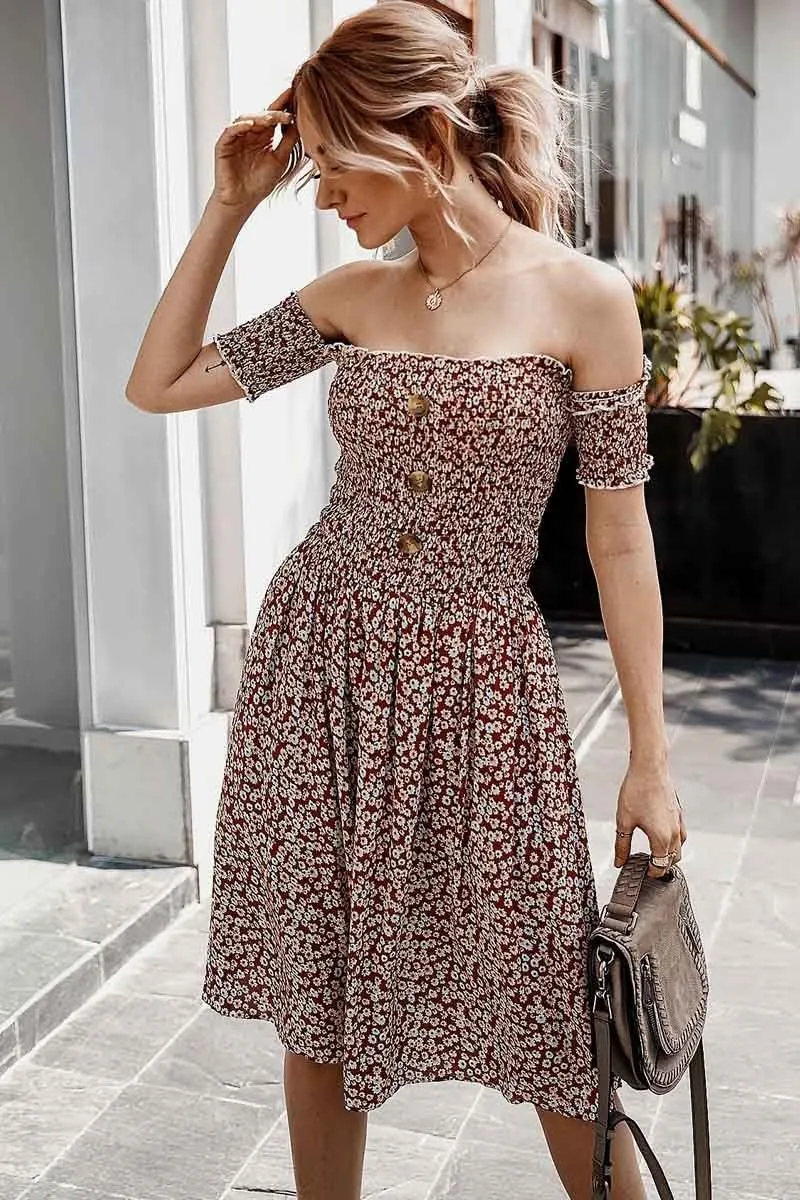 Dunnmall Sexy Off Shoulder Print Dress