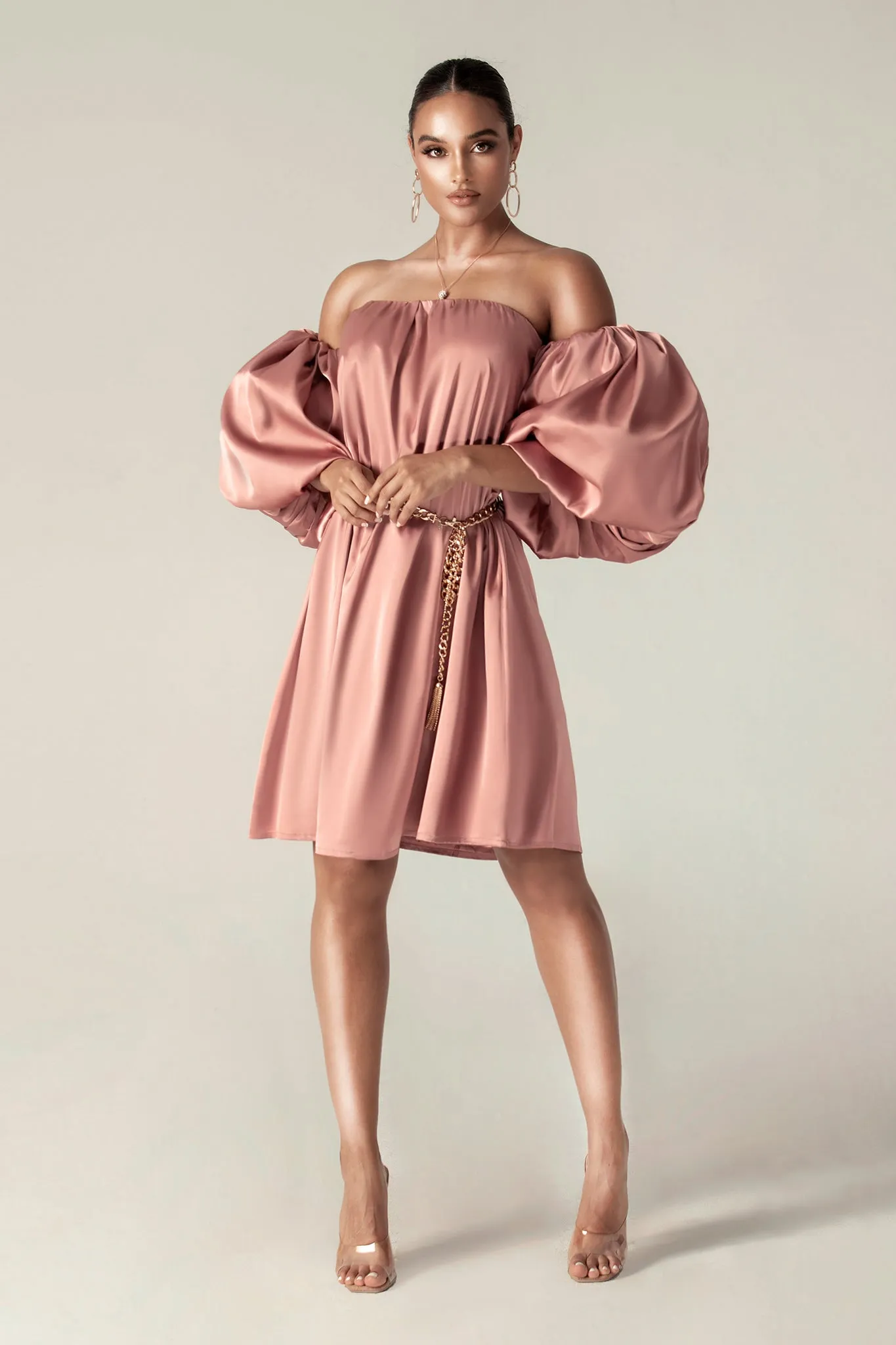 Ella Puff Sleeve Satin Dress (Dusty Pink)