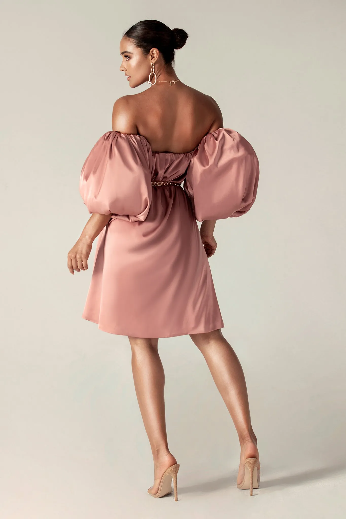 Ella Puff Sleeve Satin Dress (Dusty Pink)