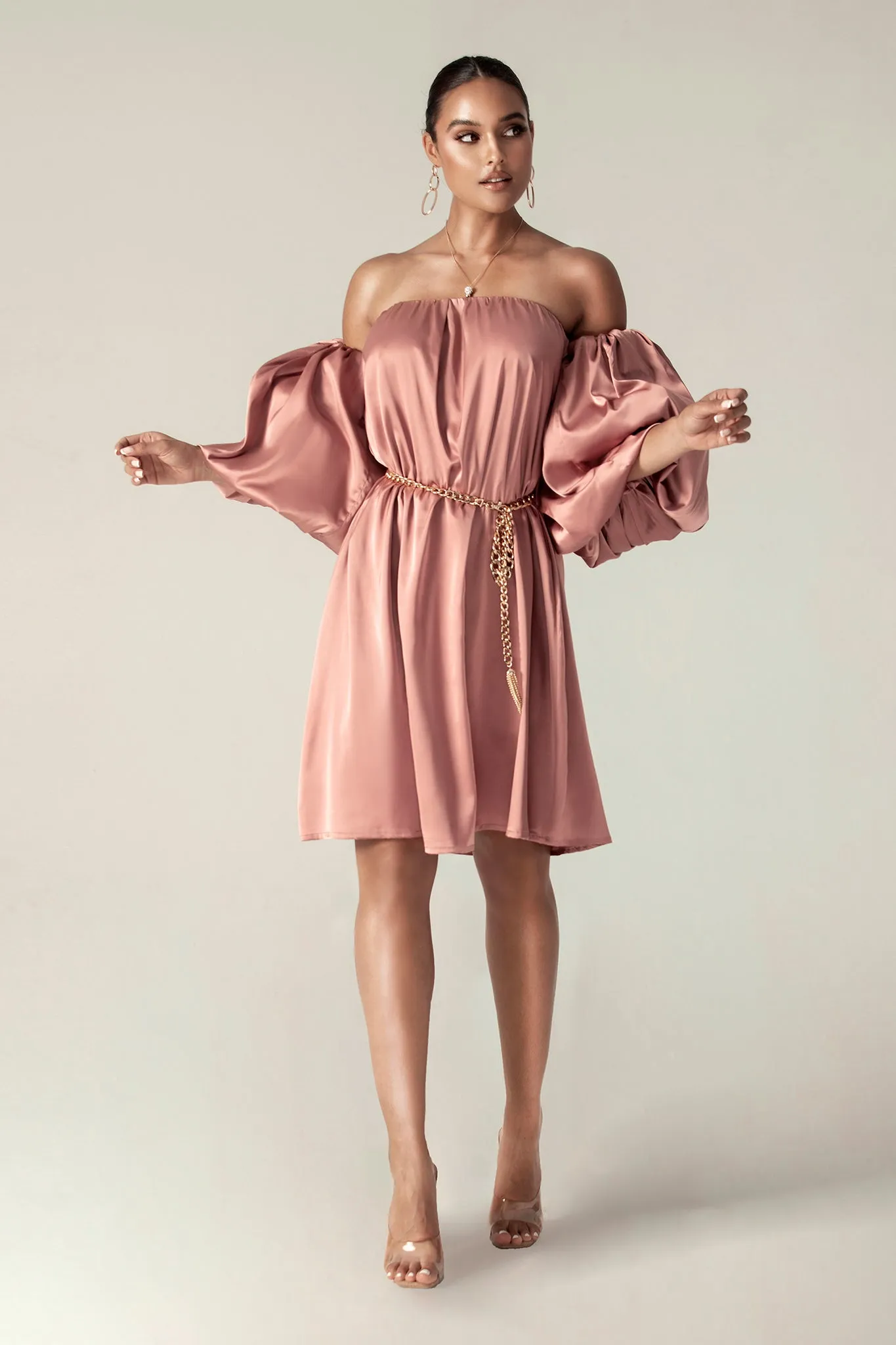 Ella Puff Sleeve Satin Dress (Dusty Pink)