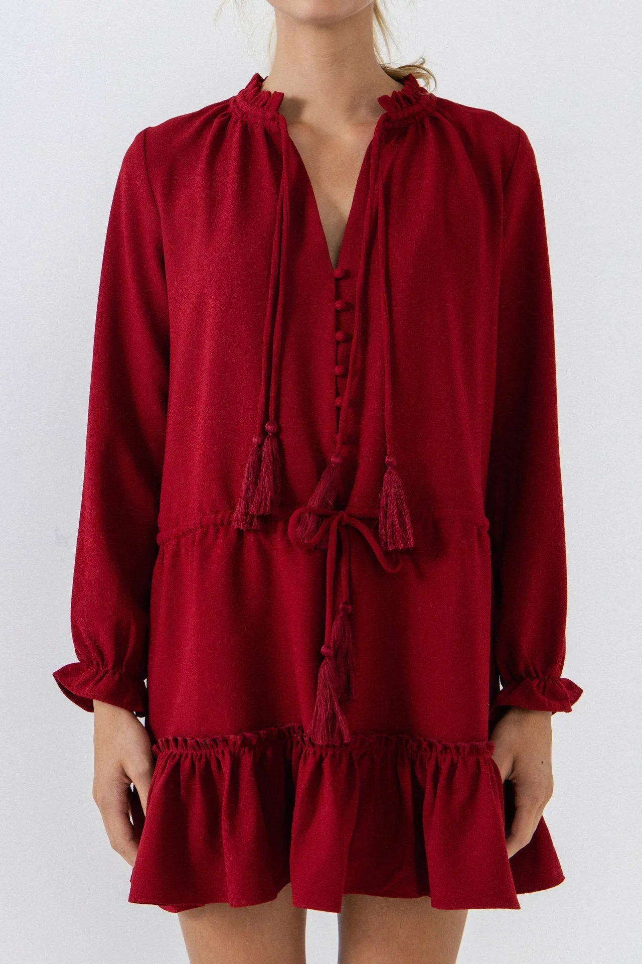 English Factory - Tassel Trim Dress With Ruffle At Hem