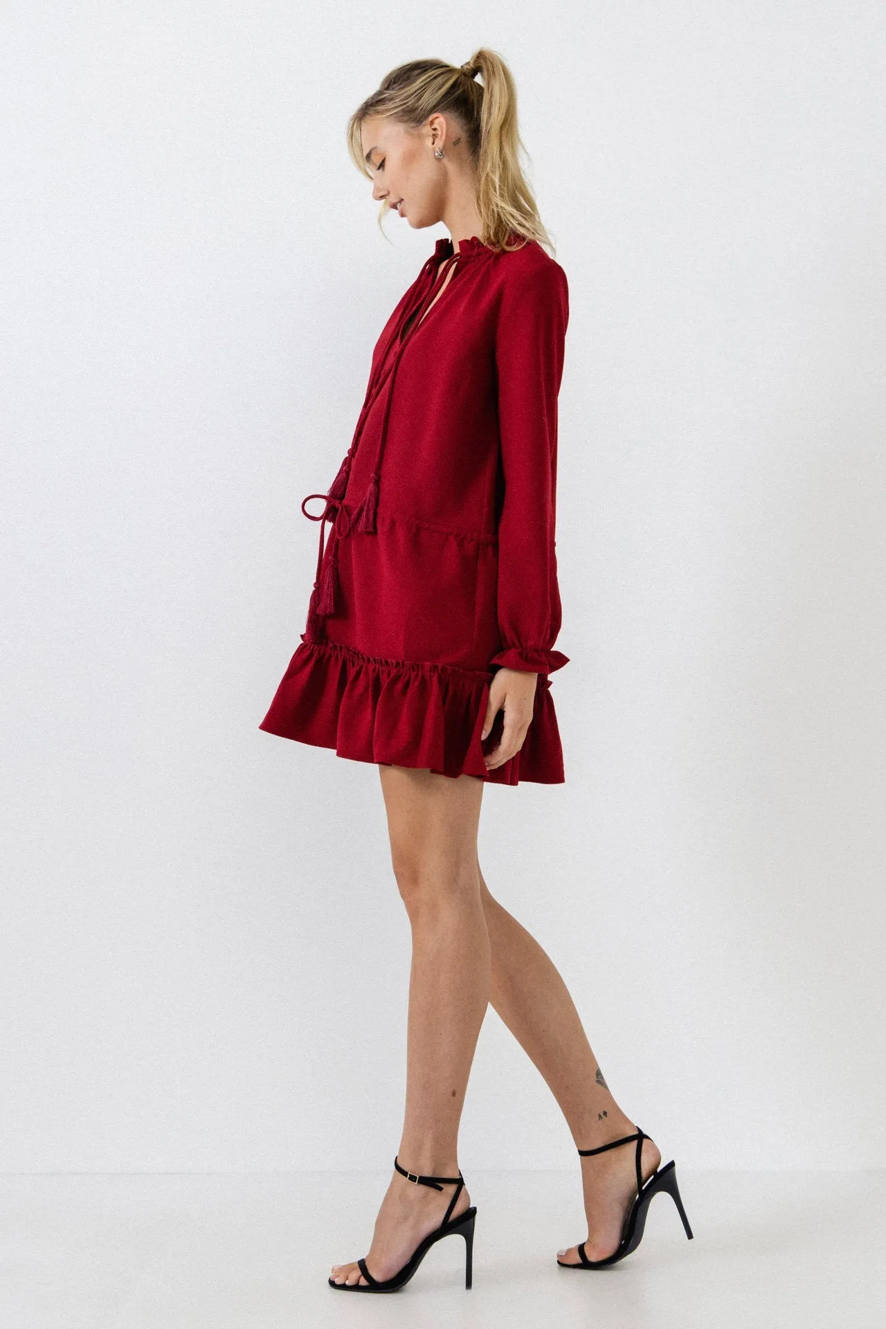 English Factory - Tassel Trim Dress With Ruffle At Hem