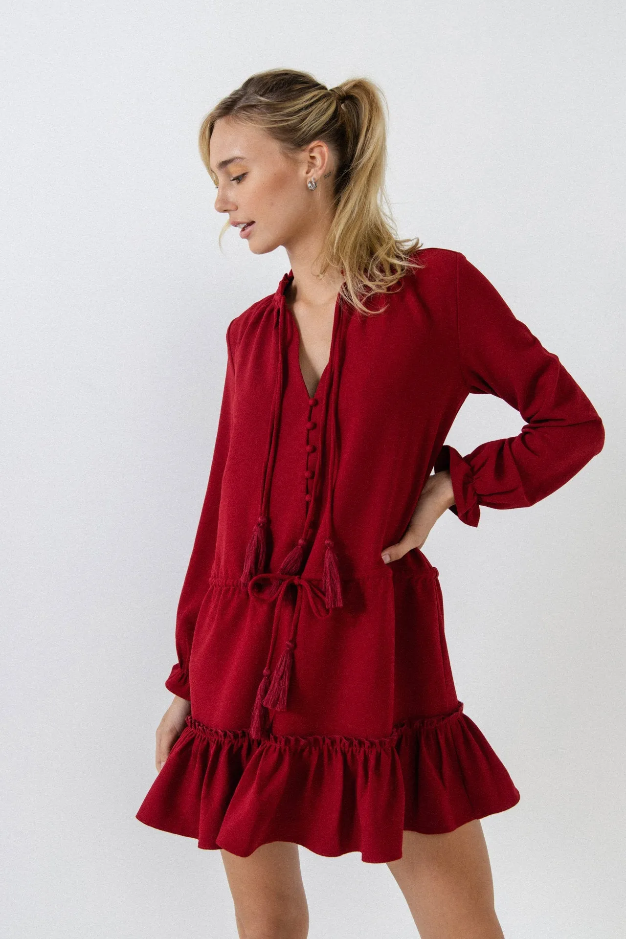 English Factory - Tassel Trim Dress With Ruffle At Hem