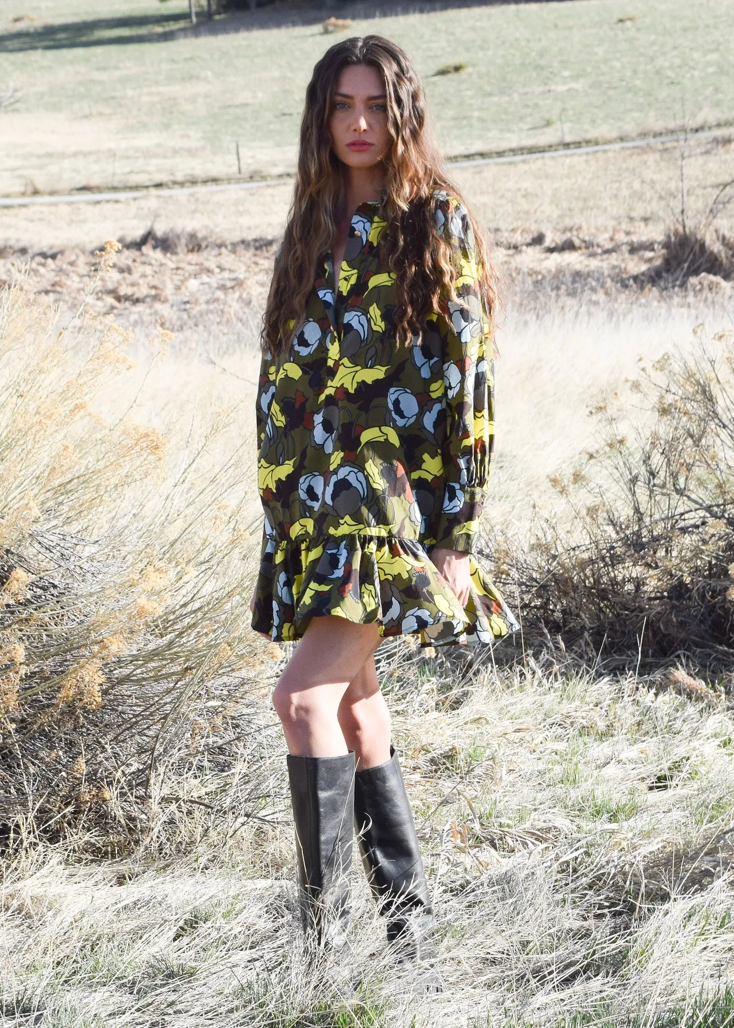 Everything Long Sleeve Dress with Ruffle Olive Floral