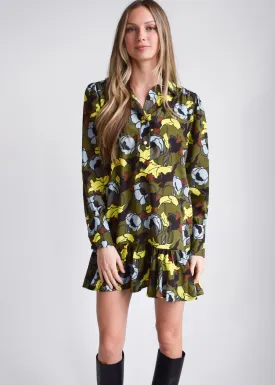 Everything Long Sleeve Dress with Ruffle Olive Floral