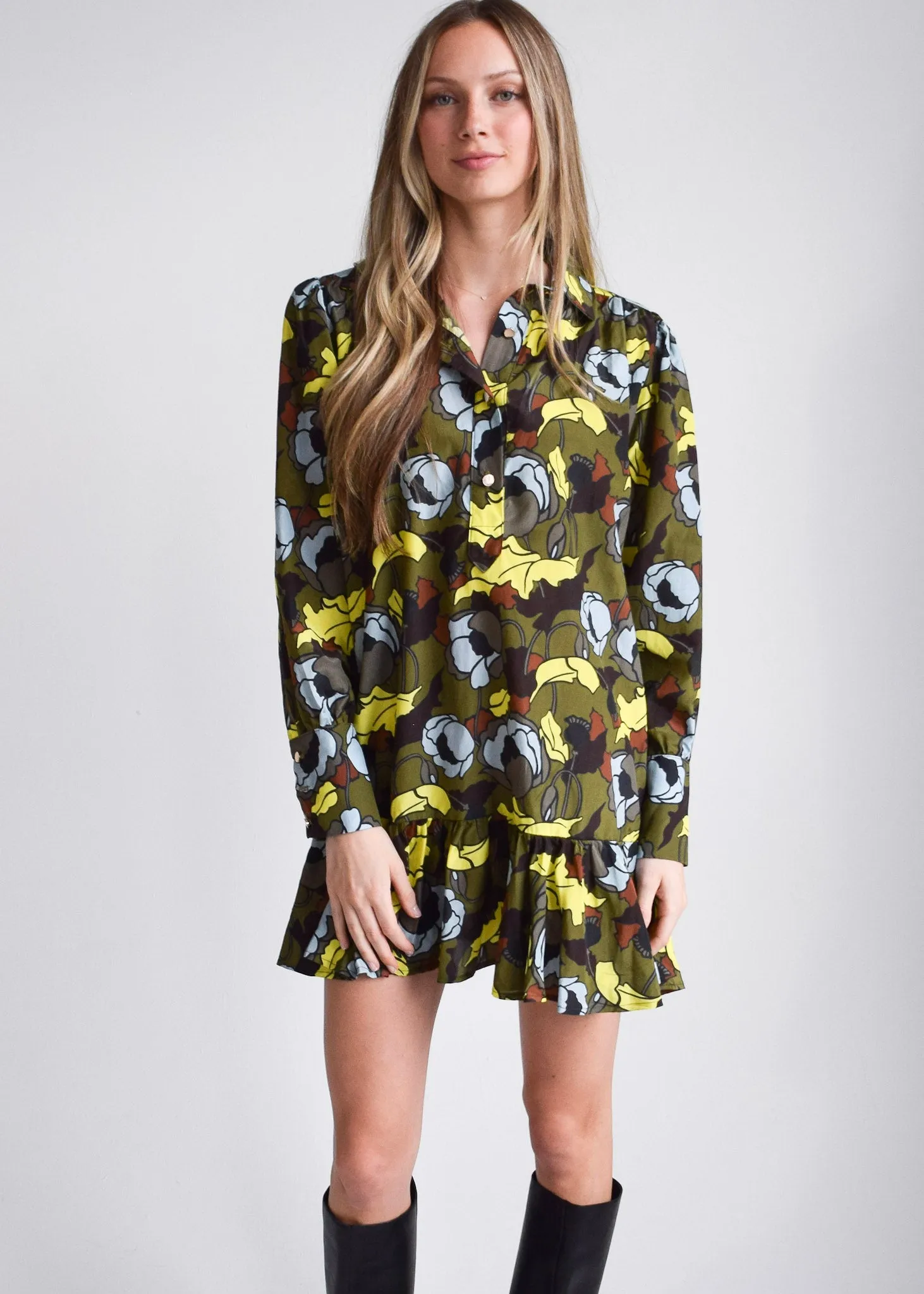 Everything Long Sleeve Dress with Ruffle Olive Floral