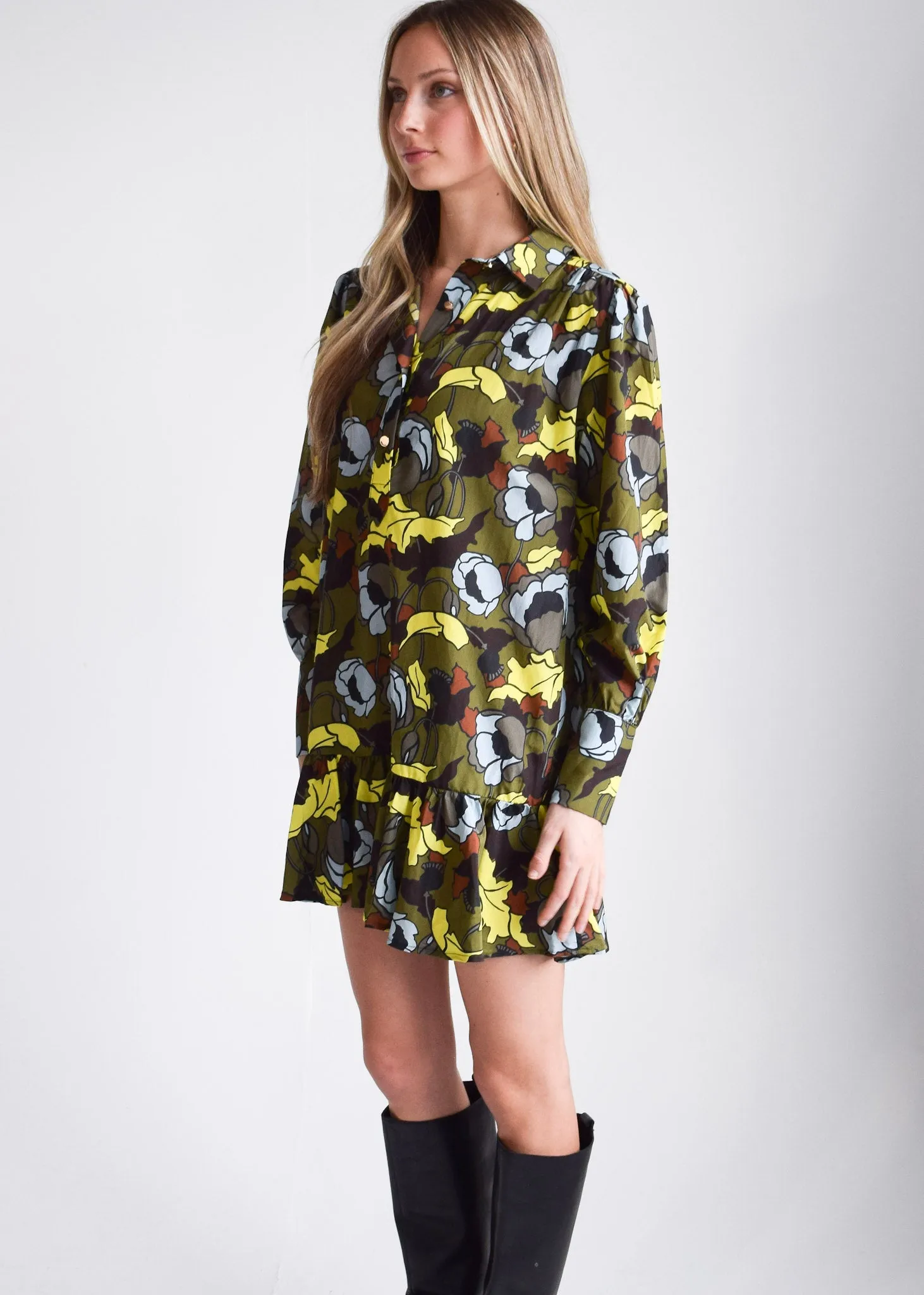 Everything Long Sleeve Dress with Ruffle Olive Floral