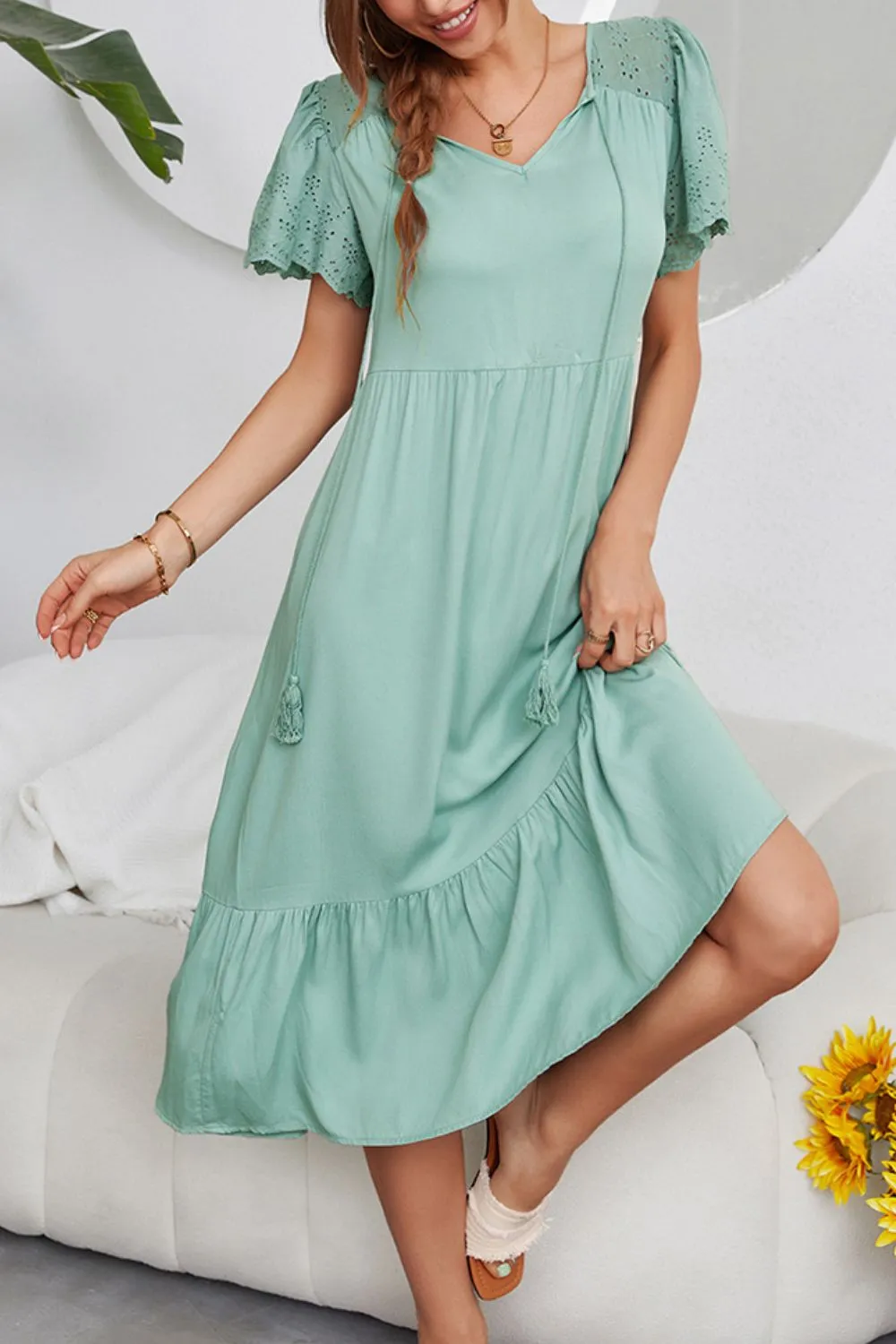 Eyelet Flutter Sleeve Ruffle Hem Dress