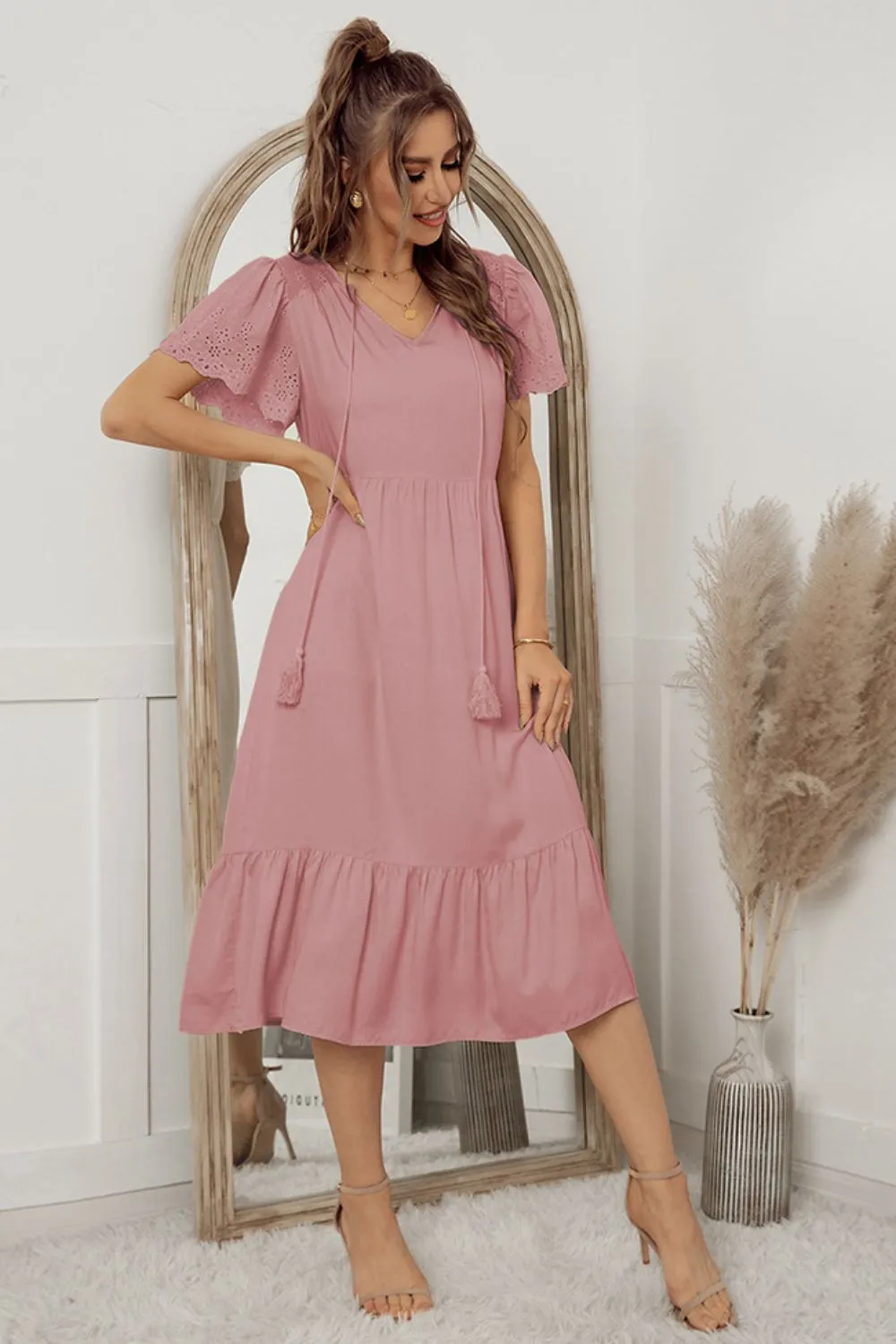 Eyelet Flutter Sleeve Ruffle Hem Dress