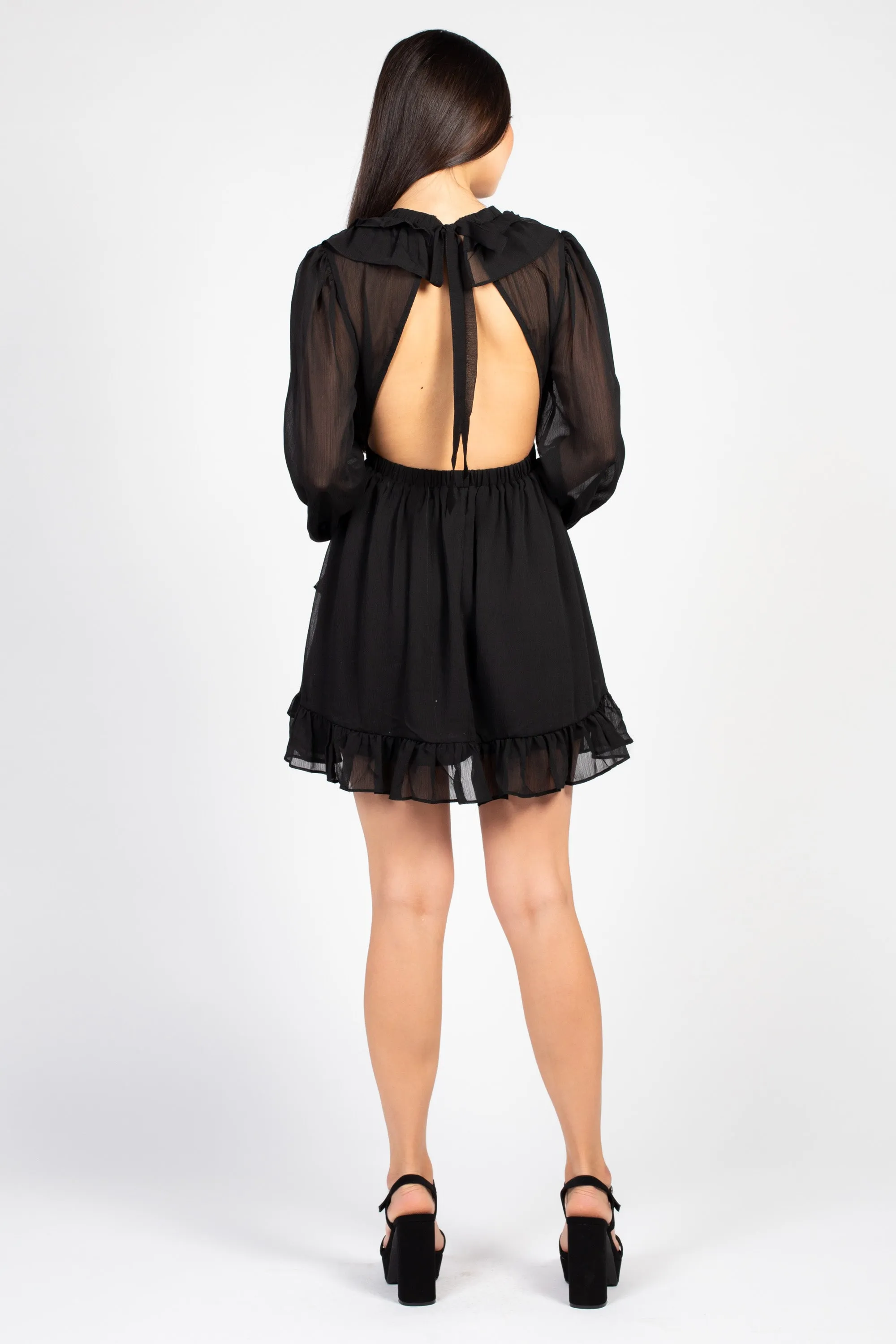 Flirty Ruffle Trim Open Back Mini Dress