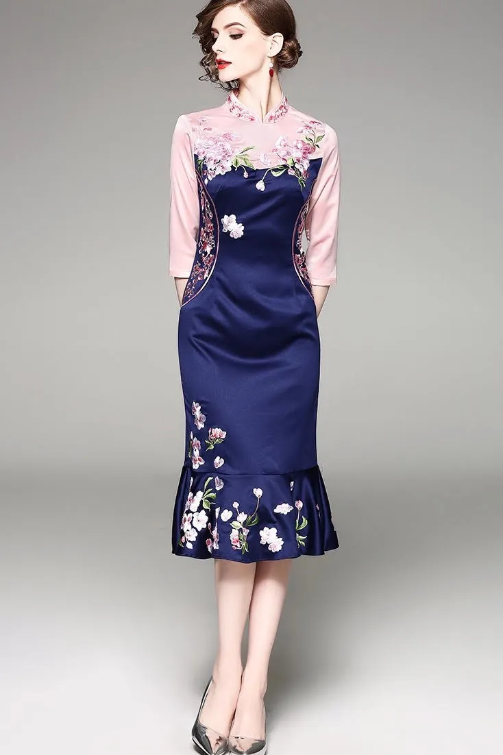 Floral Embroidered Ruffle Hem Qipao Dress