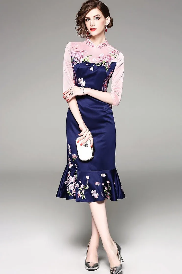 Floral Embroidered Ruffle Hem Qipao Dress