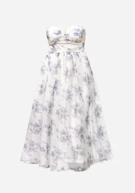 Floral Organza Plunged Strapless Midi Dress