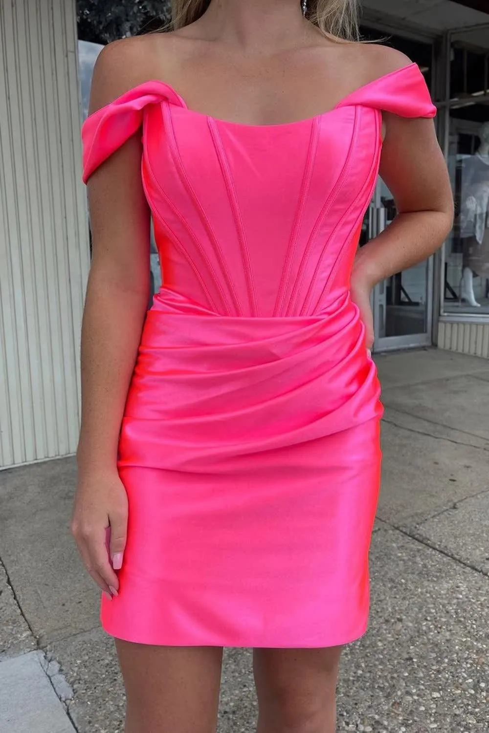 Fuchsia Off the Shoulder Ruched Tight Homecoming Dress