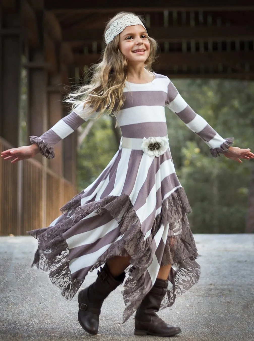 Girls Long Sleeve Striped Double Layer Handkerchief Dress with Ruffled Lace Hem And Satin Flower Sash