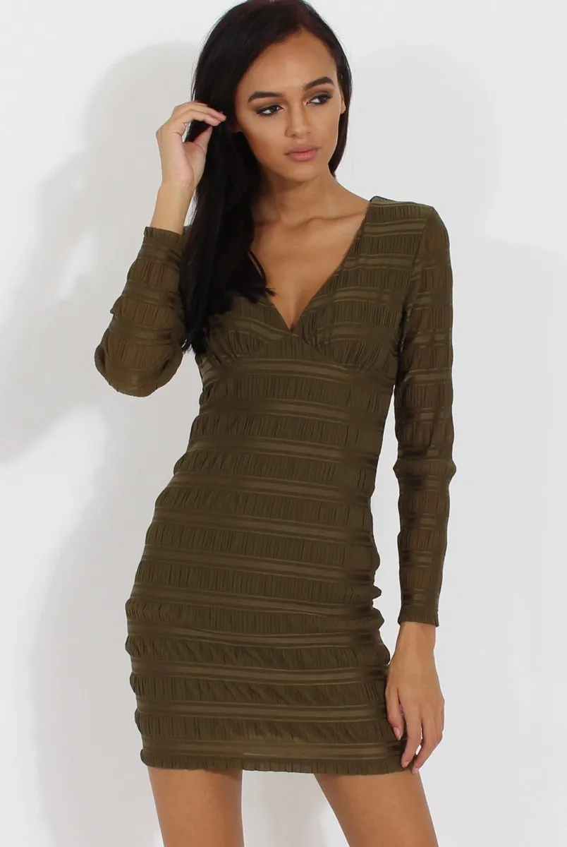 Green Textured V Neck Bodycon Dress - Salome