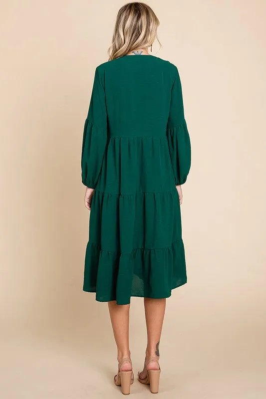 Green Tiered V Neck Long Sleeve Ruffle Hem Midi Dress